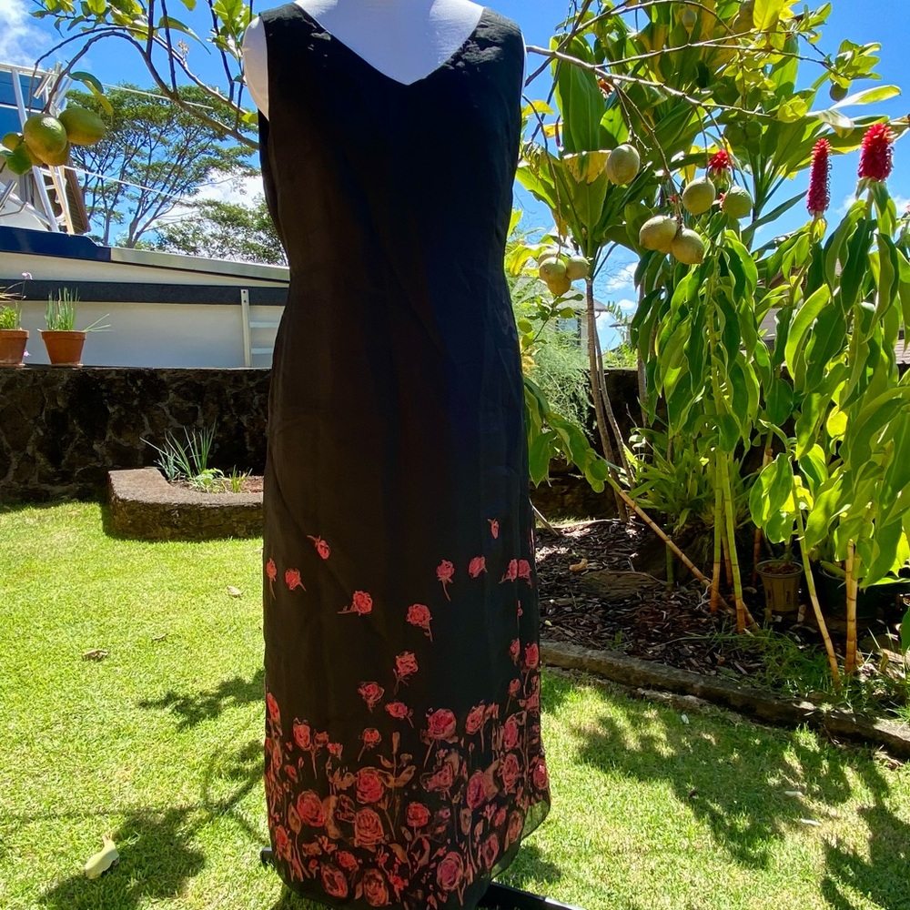 Vintage Laura Ashley Silk Embroidered V Neck Tea Length Maxi Dress